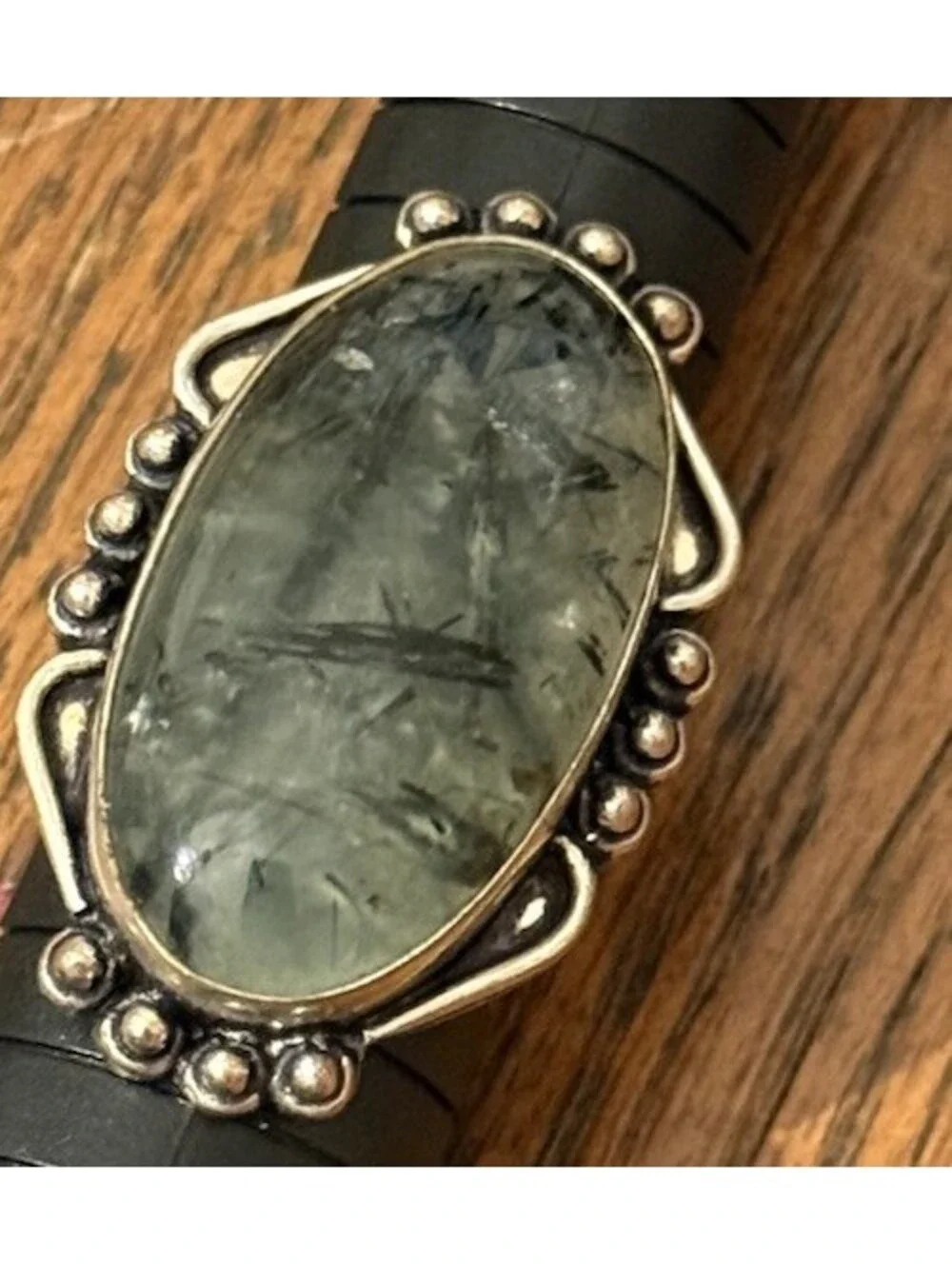 Prehnite Sterling Silver Ring Size 9.5 Boho Statement Oval Green